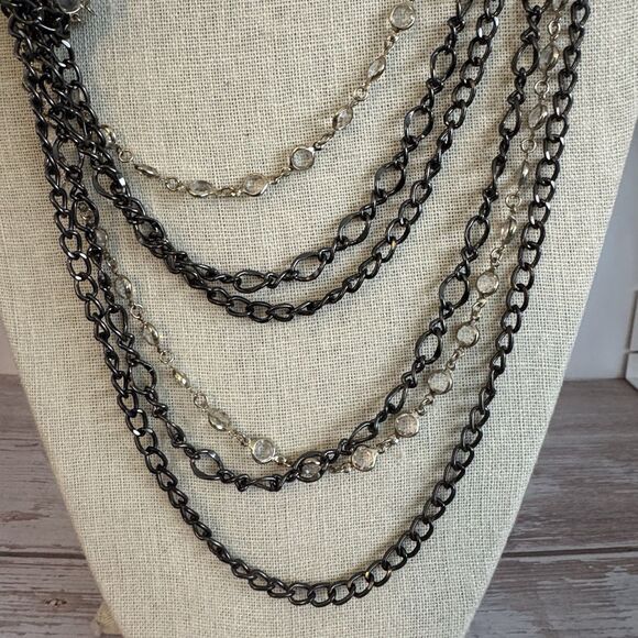 Chico’s Layered Knotted Chain Bezel Set Crystal Draped Statement Necklace - Picture 4 of 13